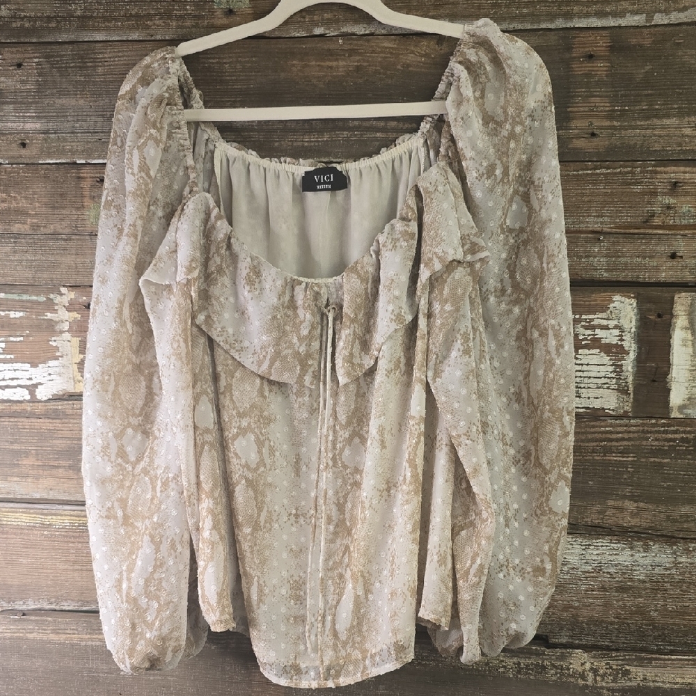 Vici Beige Snake Print Sheer Ruffled Blouse